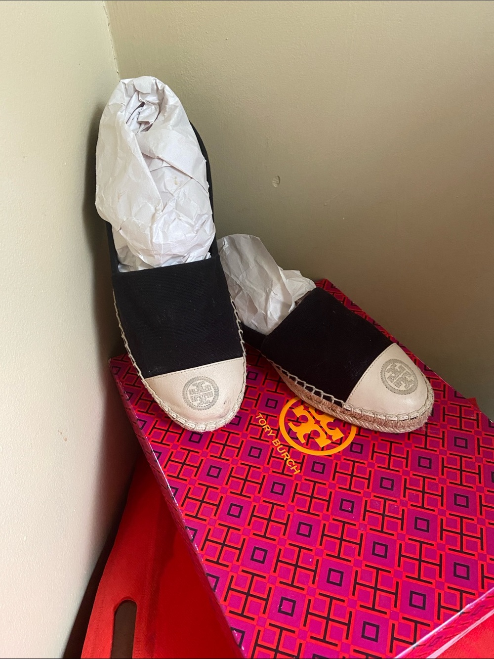 Tory Burch Black and Cream Canvas Espadrille Slip-Ons